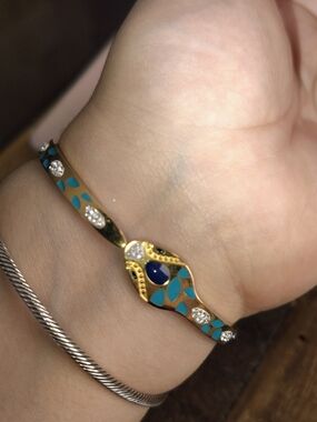 Stainless Steel Gold-Tone Blue Enamel Snake Bangle Bracelet